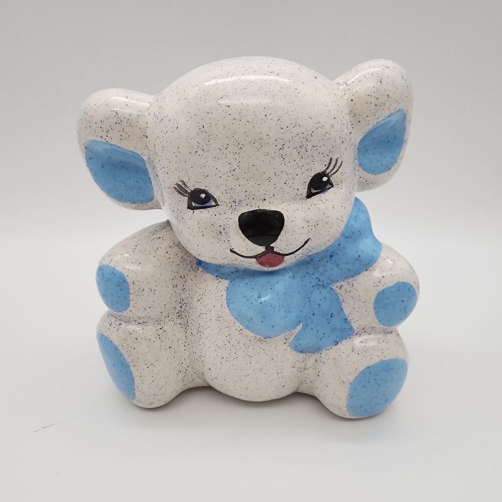 Vintage Ceramic Bear Planter 6" Blue Bow Speckled Nursery Baby Eyelashes MCM